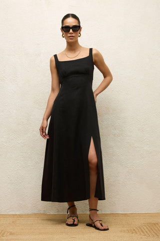 Linen Dress With Slit Black