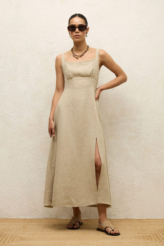 Linen Dress With Slit Sand