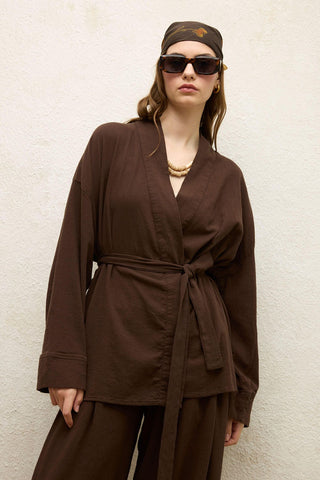 Cotton Belted Kimono Brown