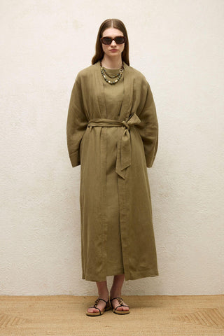 Long Linen Kimono Jacket Khaki