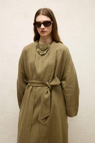 Long Linen Kimono Jacket Khaki