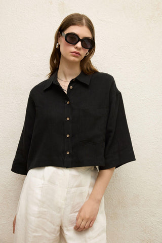 Linen Short Sleeve Crop Shirt Black