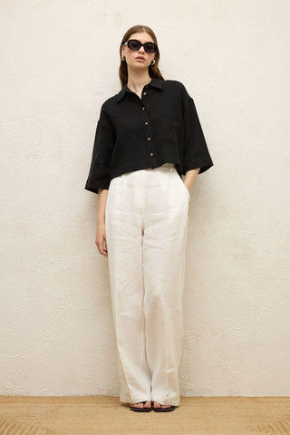 Linen Short Sleeve Crop Shirt Black