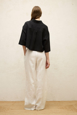 Linen Short Sleeve Crop Shirt Black