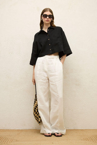 Linen Short Sleeve Crop Shirt Black