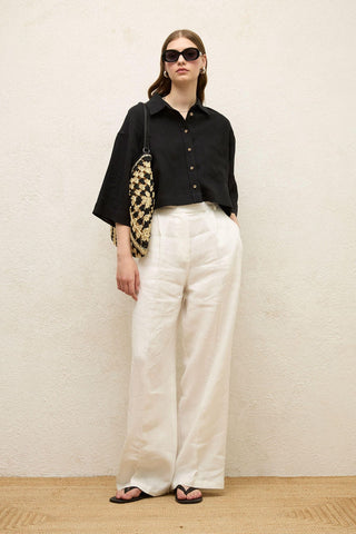 Linen Short Sleeve Crop Shirt Black