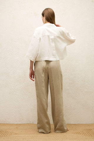 Linen Short Sleeve Crop Shirt Ecru