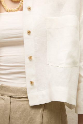 Linen Short Sleeve Crop Shirt Ecru