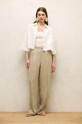 Linen Short Sleeve Crop Shirt Ecru