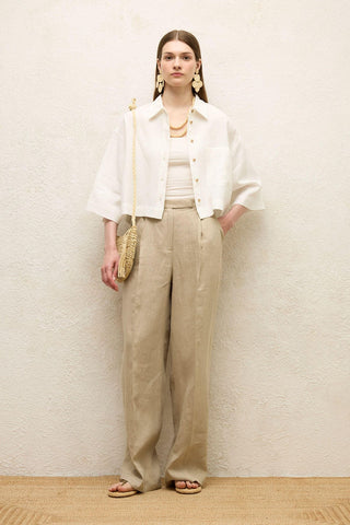 Linen Short Sleeve Crop Shirt Ecru