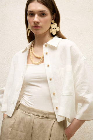 Linen Short Sleeve Crop Shirt Ecru