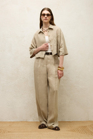 Linen Short Sleeve Crop Shirt Sand