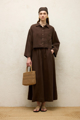 Long Sleeve Linen Crop Shirt Dark Brown