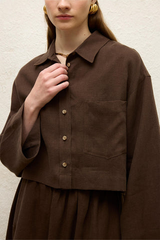 Long Sleeve Linen Crop Shirt Dark Brown
