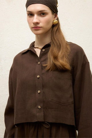 Long Sleeve Linen Crop Shirt Dark Brown