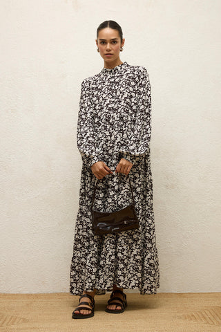 Layered Patterned Viscose Dress Poppy Dark Brown