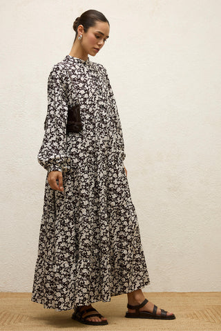 Layered Patterned Viscose Dress Poppy Dark Brown