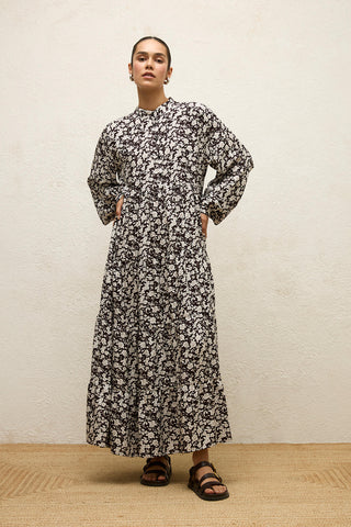 Layered Patterned Viscose Dress Poppy Dark Brown