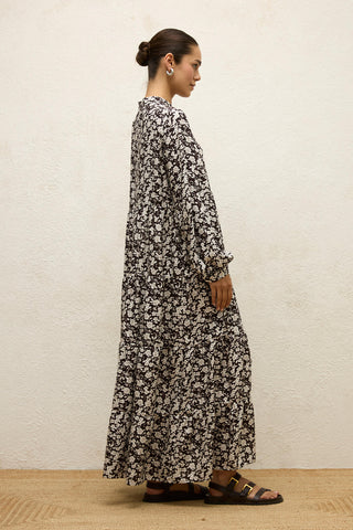 Layered Patterned Viscose Dress Poppy Dark Brown