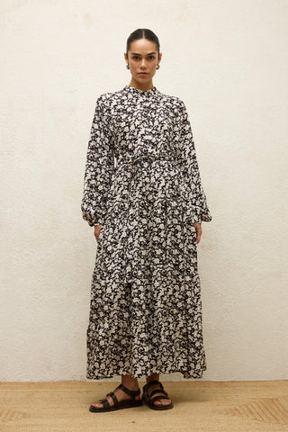 Layered Patterned Viscose Dress Poppy Dark Brown