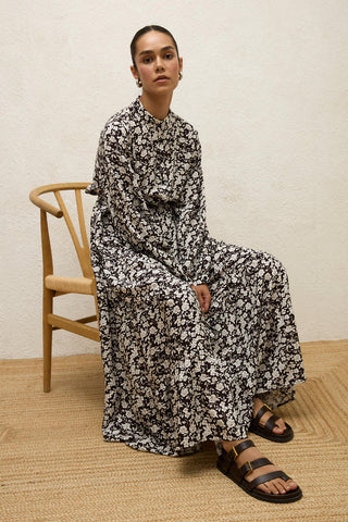 Layered Patterned Viscose Dress Poppy Dark Brown