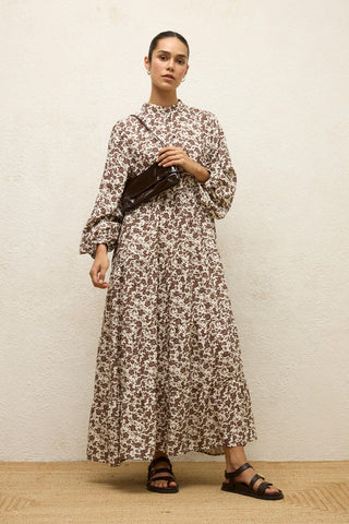 Layered Patterned Viscose Dress Dusty Brown