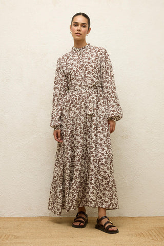 Layered Patterned Viscose Dress Dusty Brown