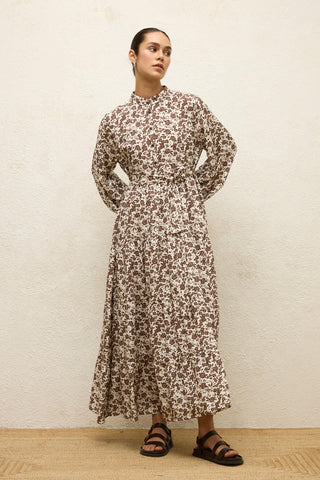 Layered Patterned Viscose Dress Dusty Brown