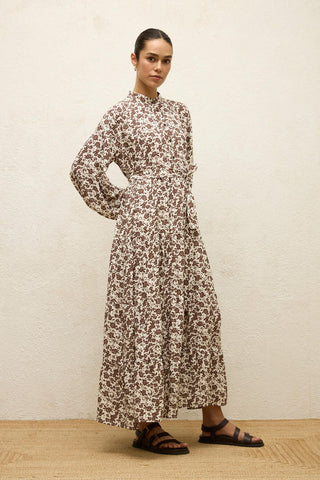 Layered Patterned Viscose Dress Dusty Brown