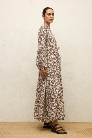 Layered Patterned Viscose Dress Poppy Dusty Brown