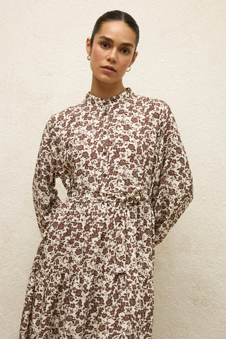 Layered Patterned Viscose Dress Poppy Dusty Brown
