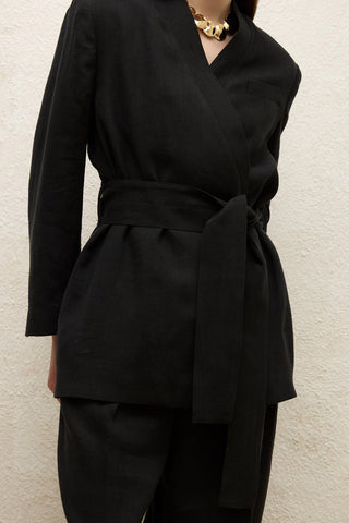 Linen Wrap Blazer Jacket Black