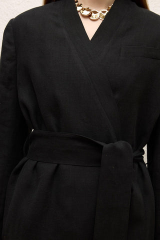 Linen Wrap Blazer Jacket Black