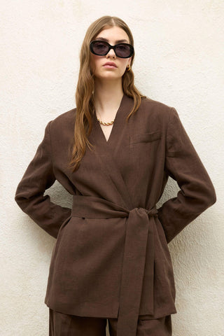 Linen Wrap Blazer Jacket Dark Brown