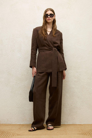 Linen Wrap Blazer Jacket Dark Brown