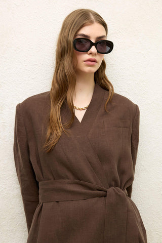 Linen Wrap Blazer Jacket Dark Brown