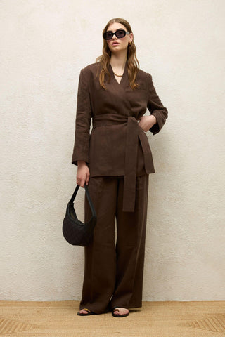 Linen Wrap Blazer Jacket Dark Brown