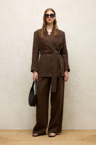 Linen Wrap Blazer Jacket Dark Brown