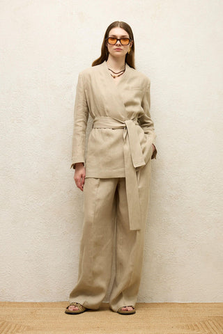 Linen Wrap Blazer Jacket Sand