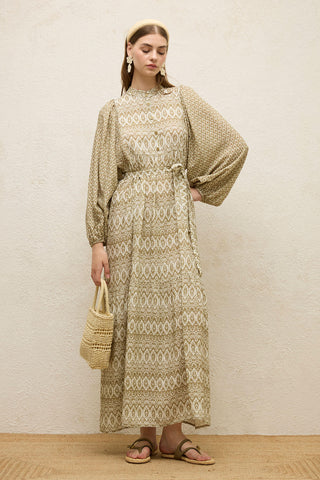 Viscose Balloon Sleeve Dress Sage Green