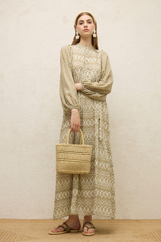 Viscose Balloon Sleeve Dress Sage Green