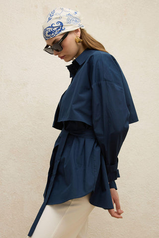 Belted Trench Shirt Navy Blue