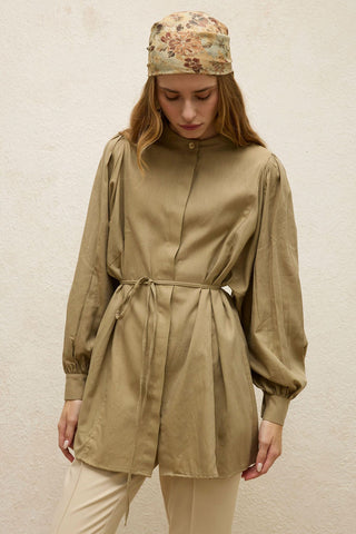 Belted Linen-Blend Tunic Desert Sand