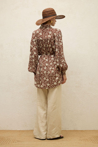 Patterned Viscose Belt Shirt Ethnic Burgundy