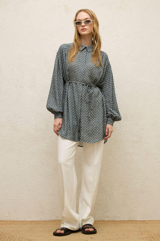 Patterned Viscose Belt Shirt Crispy Flower Indigo