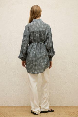 Patterned Viscose Belt Shirt Crispy Flower Indigo