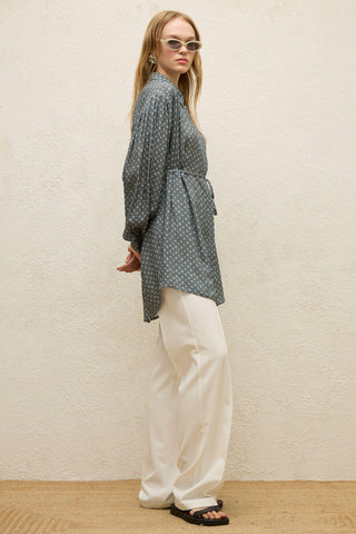 Patterned Viscose Belt Shirt Crispy Flower Indigo