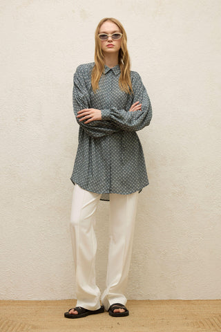 Patterned Viscose Belt Shirt Crispy Flower Indigo