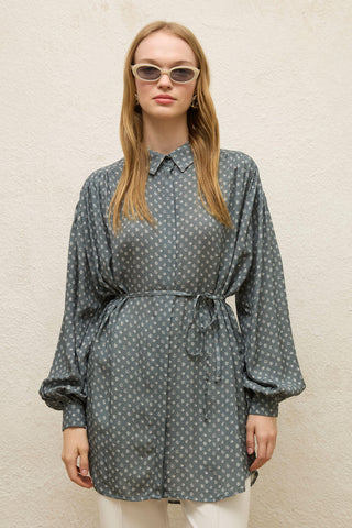 Patterned Viscose Belt Shirt Crispy Flower Indigo