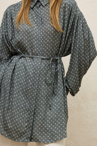 Patterned Viscose Belt Shirt Crispy Flower Indigo